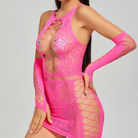 Lace Lingerie Hot Pink Bodycon Sheer Stretch Elastic Form Fitting Paint - Picture 1 of 10
